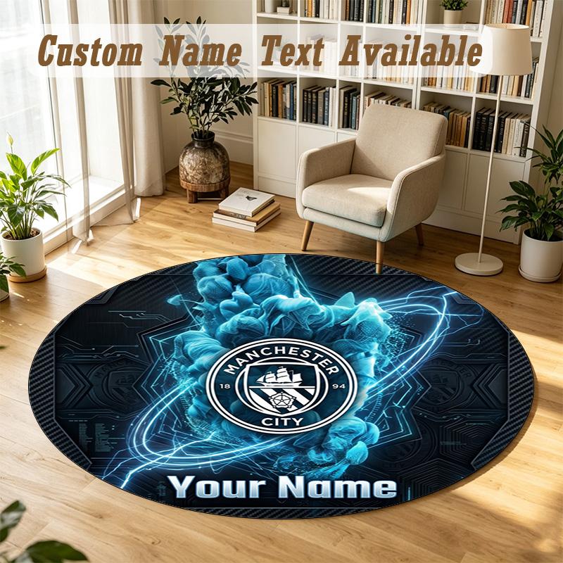 Round Rug Custom NameManchester City Pattern Non Slip Carpet Home Floor Decor