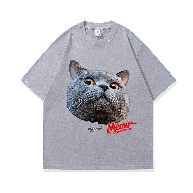 Men'S T-Shirt Street Retro Cat Digital Direct Injection Printing Pod Custom Cotton Washed Short-Sleeved T-Shirt Men