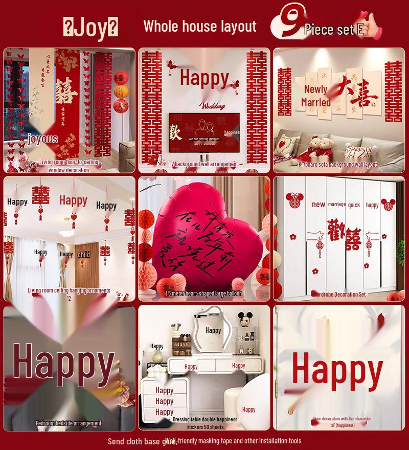 Wedding Decoration Set: Sofa Background, Bedroom Bedside, and Double Happiness Board for Groom's New House