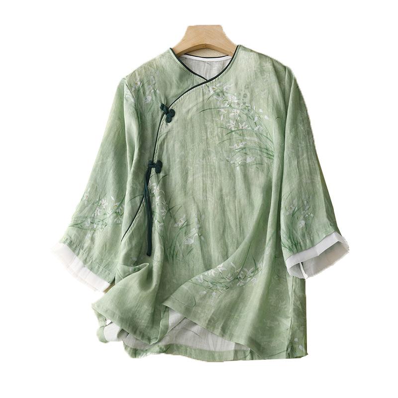 Uformell skjorte i kinesisk stil for kvinner Ankomst Sommer Vintage O-hals Blomstertrykk Løs Dame Topper Skjorter