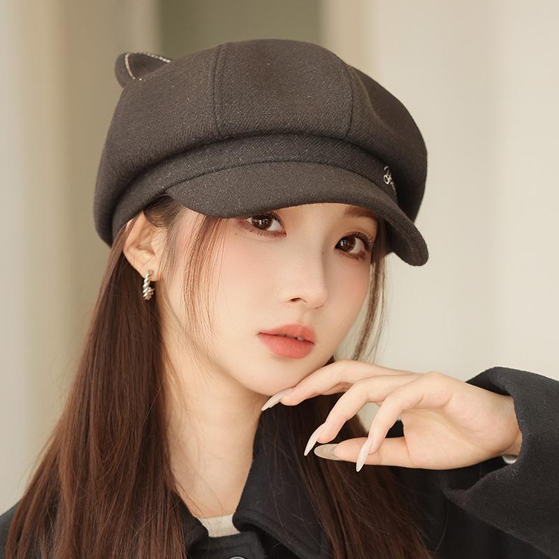 Hat Autumn and Winter Women's Cute Embroidered Letters Cat Ears Beret Painter Hat