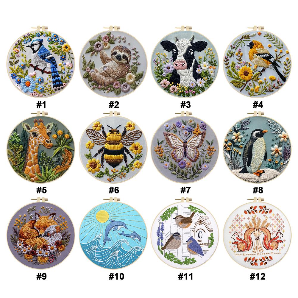 Animal Stamped Cross Stitch Embroidery Kits with Hoop Cloth Color Thread