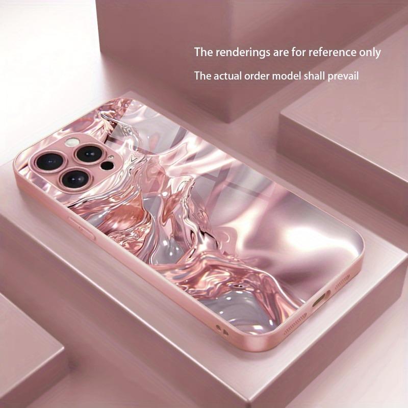 3D Water Ripple Pattern Pink Metallic Paint Glass Hard Phone Case For iPhone 17 16 15 14 13 12 11 Pro Max Plus 16E 17Air Cover