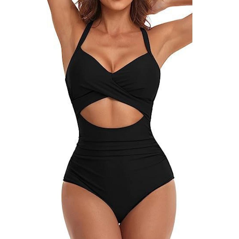 European and American One-piece Hard Bag Swimwear Hollow Solid Color High Waist Tight Swimsuit