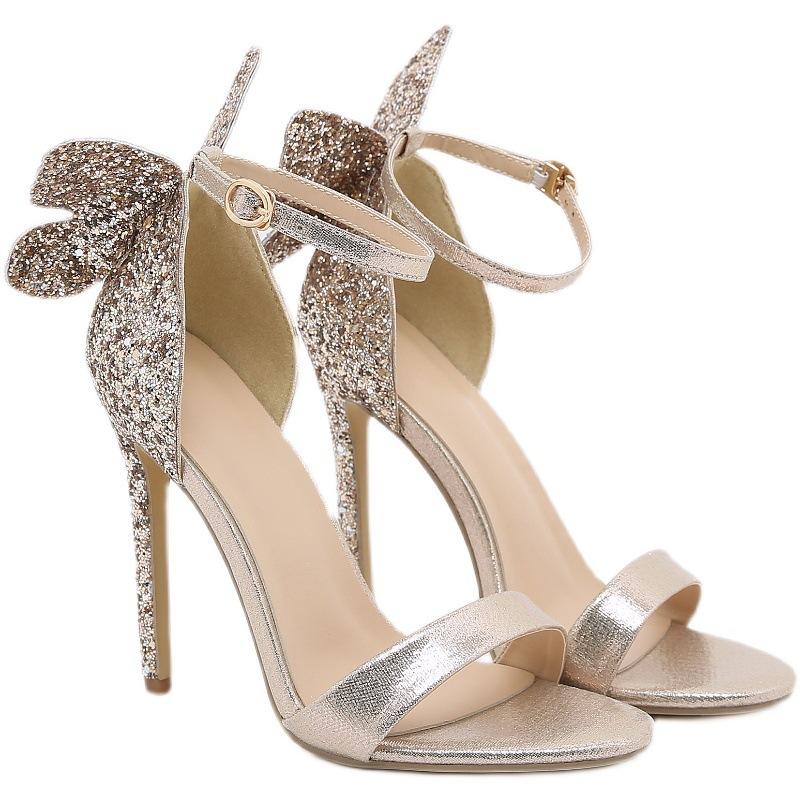 Sequined Three-dimensional Bow Cover Heel Women's Shoes Summer Sexy Open Toe Buckle Strap Thin High Heels Sandals