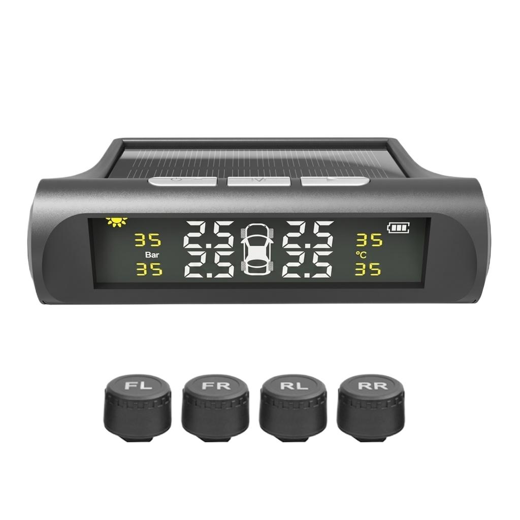 Solar Powered Tire Pressure Monitoring System with External Sensors for Real Time Display and Automatic Alerts for Four Tires