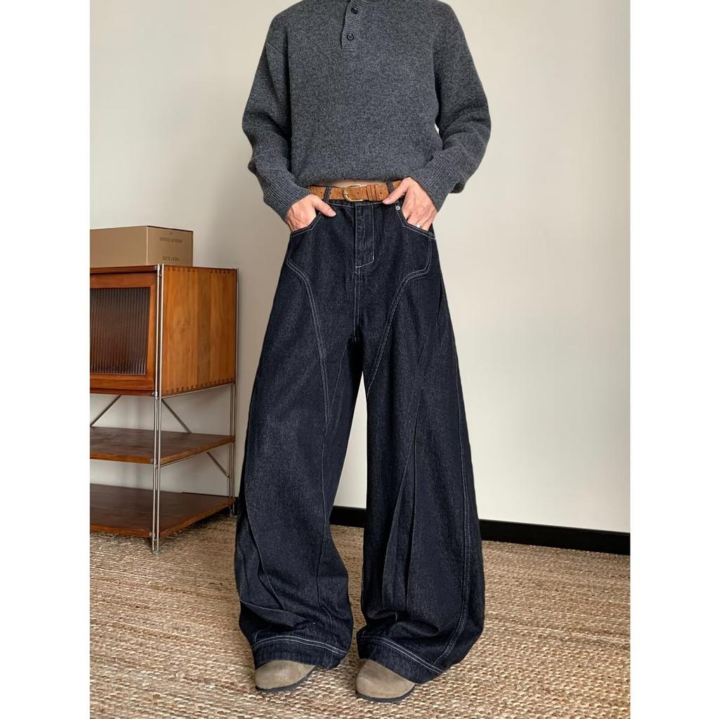 Men's Mid Rise Washed Cat Whisker Barrel Jeans Loose Wide Leg Denim Pants American Vintage High Street Y2K Casual Four Seasons Long Trousers