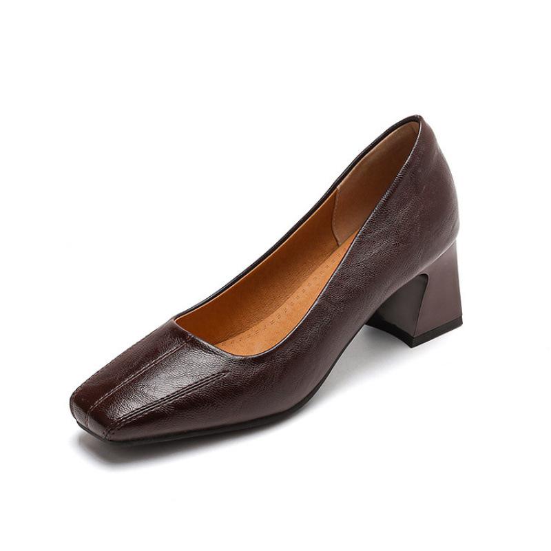 New Women's Fashion Single Shoes Square Head Cover Feet One Pedal Medium Heel Large Size Shoes Square Heel Casual Black Small Leather Shoes Women