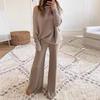 Tuta da ginnastica da donna a due pezzi, larga, manica lunga, spalle scoperte, top in maglia, pantaloni a gamba larga con elastico in vita, completo coordinato