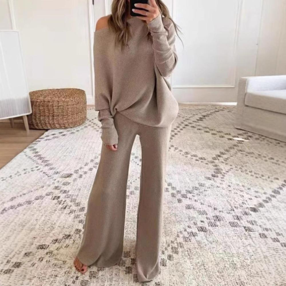 Tuta da ginnastica da donna a due pezzi, larga, manica lunga, spalle scoperte, top in maglia, pantaloni a gamba larga con elastico in vita, completo coordinato