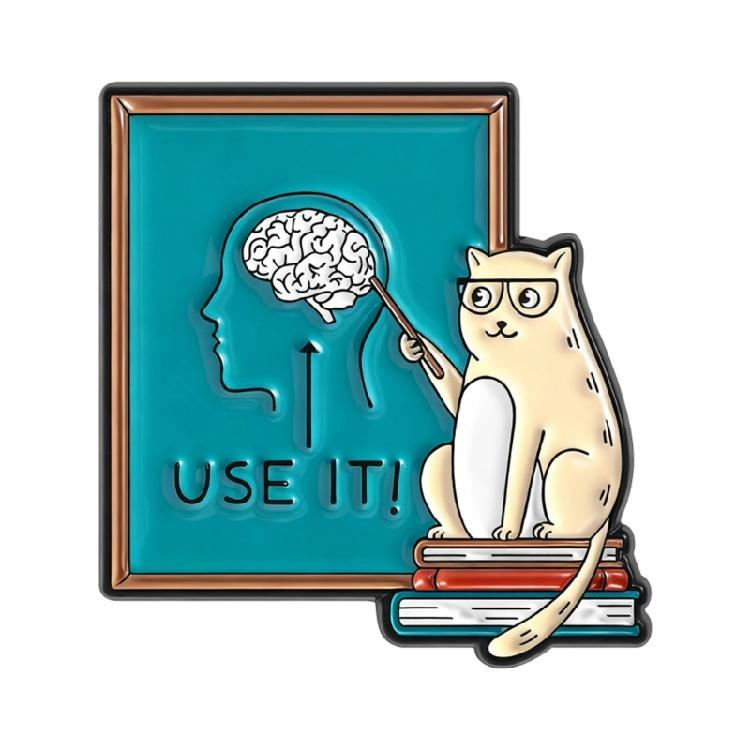 

Enamel Brooch Cartoon Puss Teacher Glasses And Brain Gesture For Encouraging Critical Thinking Backpack Accessory 1
