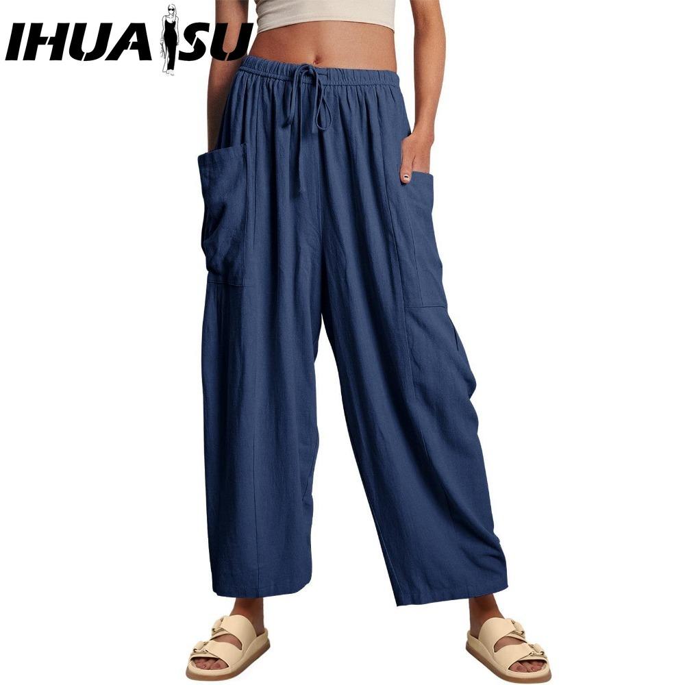 IHUASU Moda feminina casual cor sólida estampa cintura alta calças e capris
