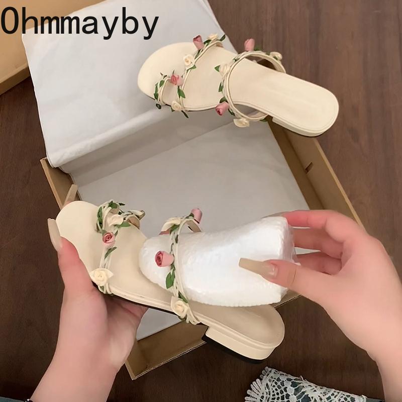 Летние женские шлепанцы с перемычкой для пальца, украшенные цветами, модные шлепанцы на низком каблуке, удобная обувь для улицы, пляжа, отпуска 35 бежевый
