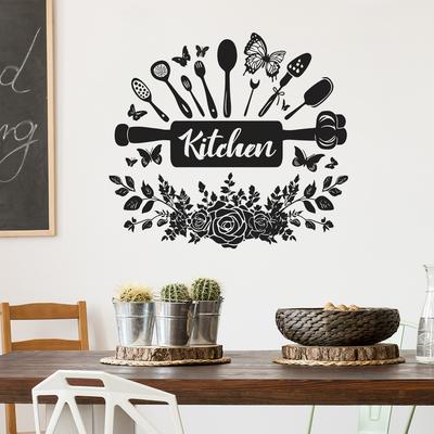 Creative Kitchen Utensils & Floral Wall Sticker Self-Adhesive Removable Bedroom Living Room Hallway Dorm Home Decor Art