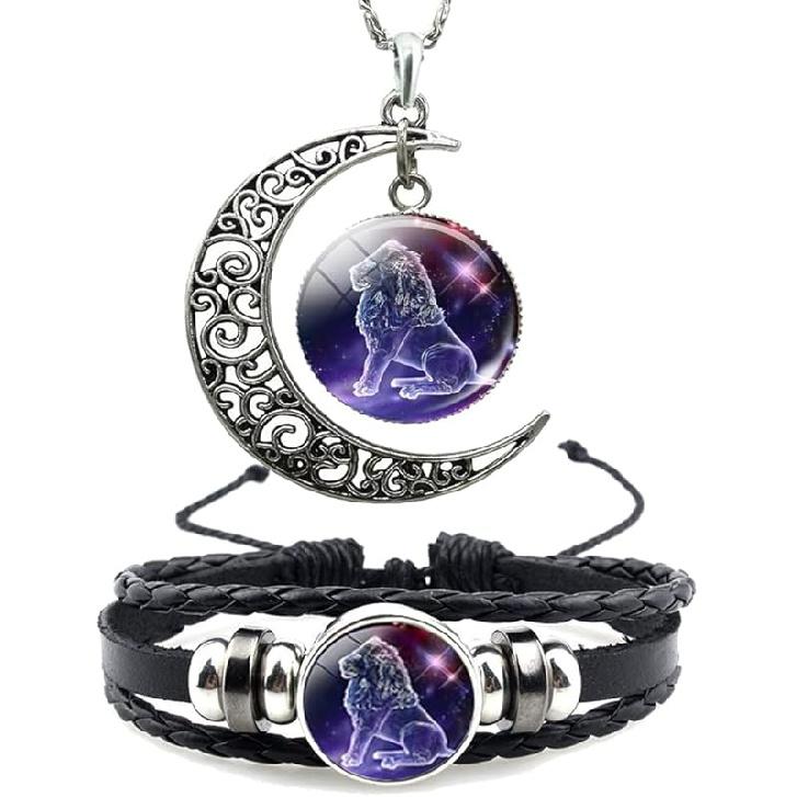 12 Zodiac Constellation Necklace Bracelet Time Gemstone Horoscope Astrology Moon Crescent Necklace for Women Men Birthday Gift Jewelry