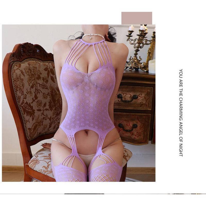 Sleeveless Neck Hanging Sexy Lingerie Solid Color Perspective Sexy Adult Womens Clothing Temptation Linked Fishing Net Socks
