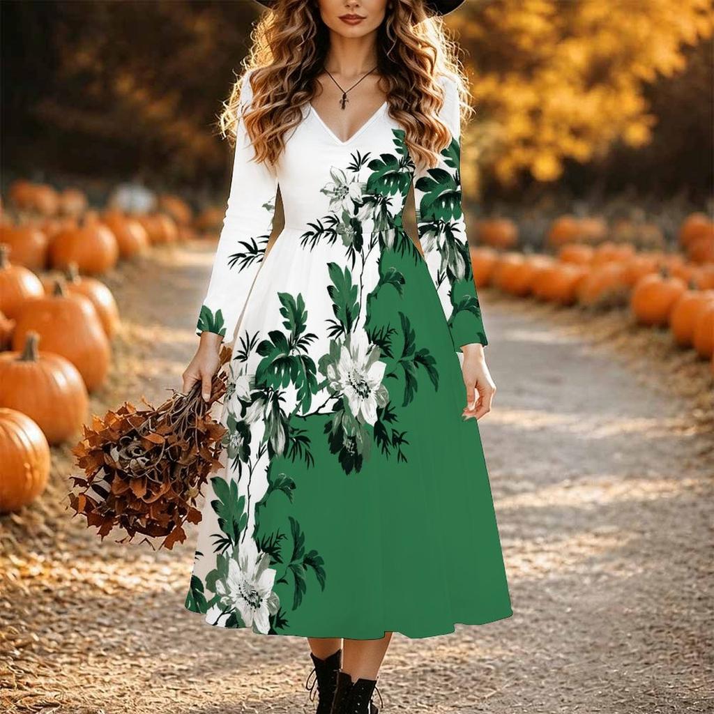 Halloween Women's Floral Pattern Print Midi Dress A Line Dress Vacation Casual Daily Regular Fit Long Sleeve V Neck Black Spring Fall