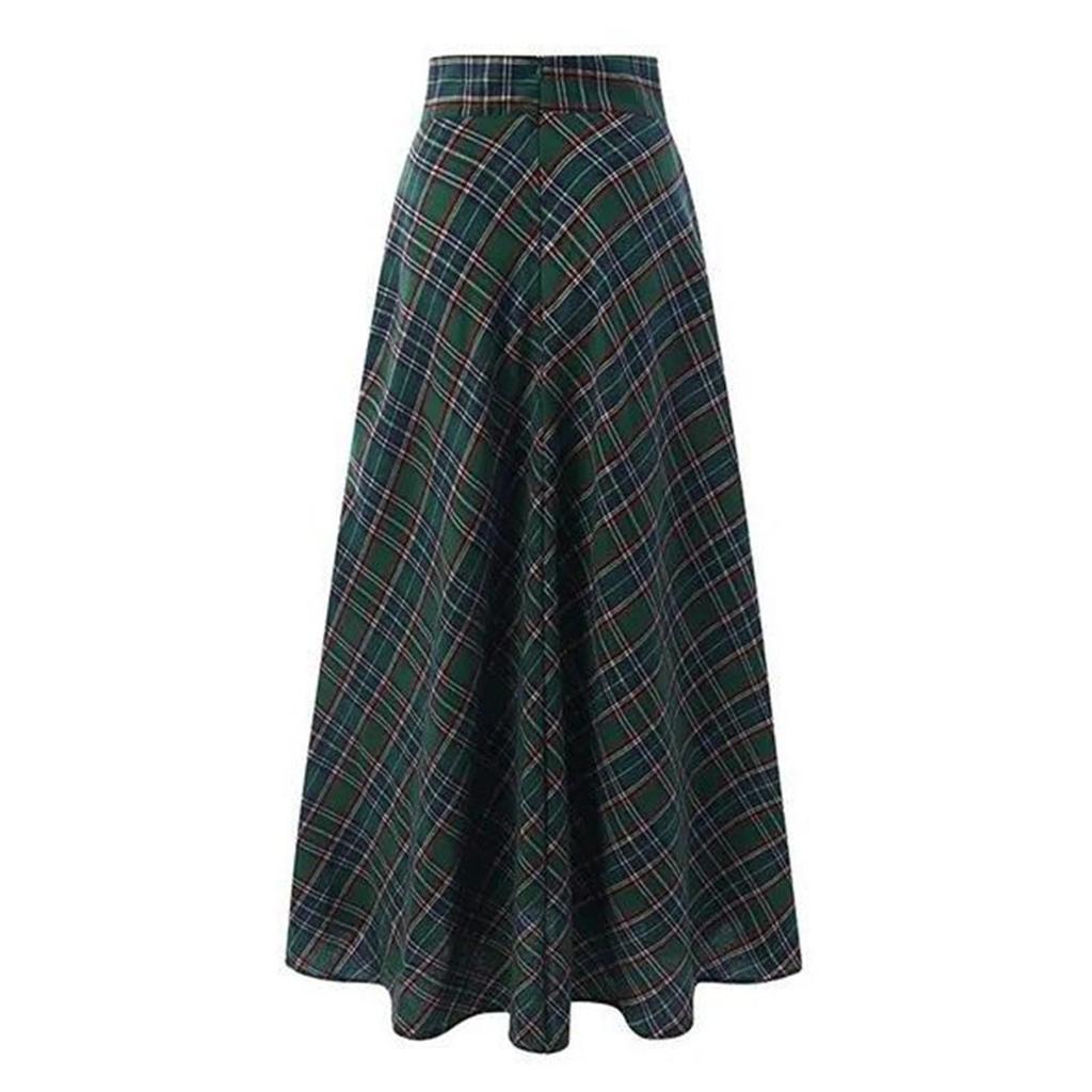 Damen Retro Karomuster Maxi-Rock, Hoher Bund, Modischer Lässiger A-Linien Faltenrock Karomuster Bodenlang