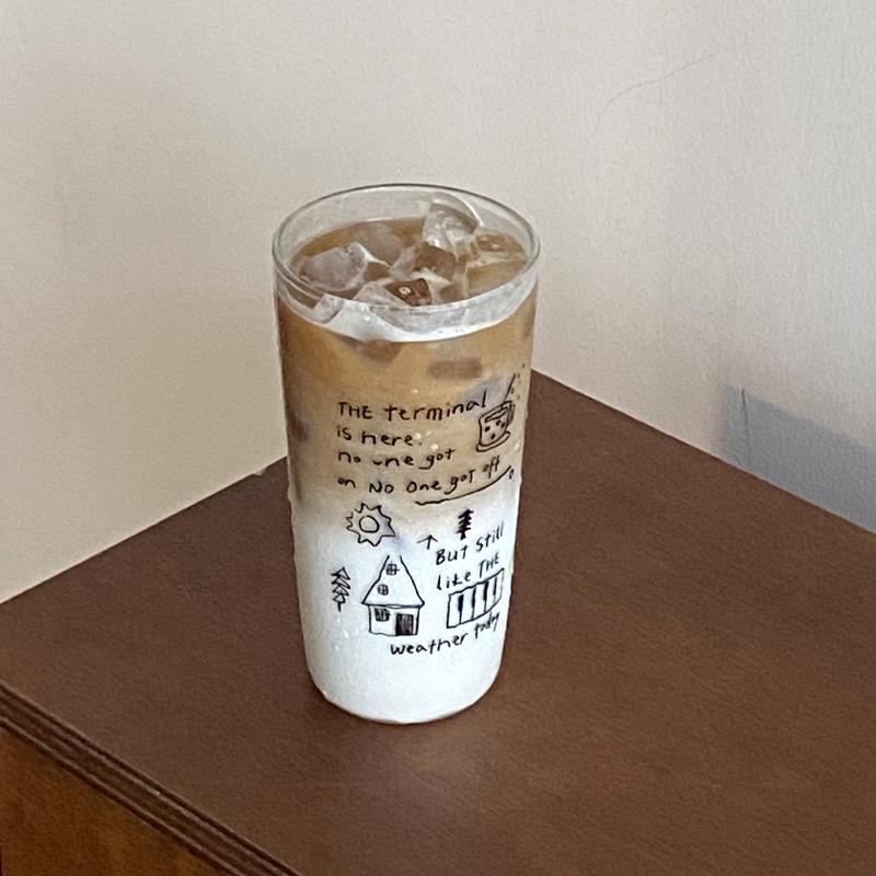 

Homemade, Simple Line Graffiti High Borosilicate Glass, High Temperature Resistant Clear Coffee Cup, Large Capacity Water Cup see picture