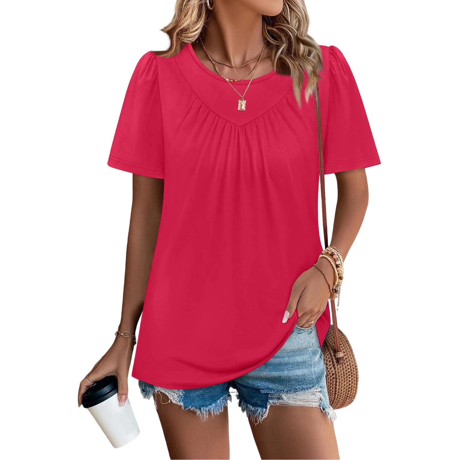 

Women s Casual Fashion Round Neck Color Pleated Short Sleeve T,shirt Top XXXL червоний