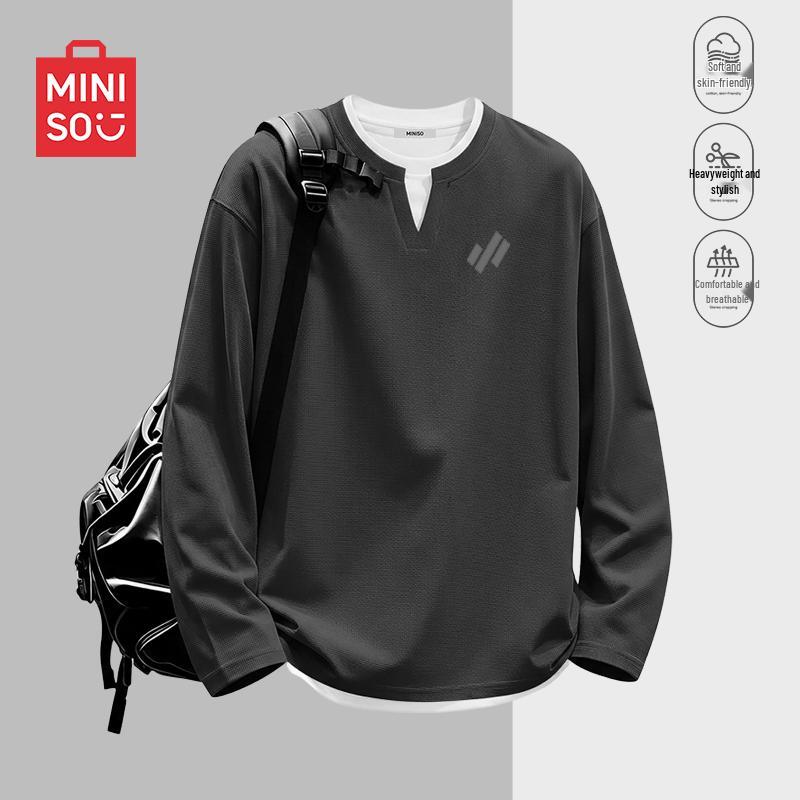 MINISO Men's Casual Waffle Knit Long Sleeve V-Neck T-Shirt