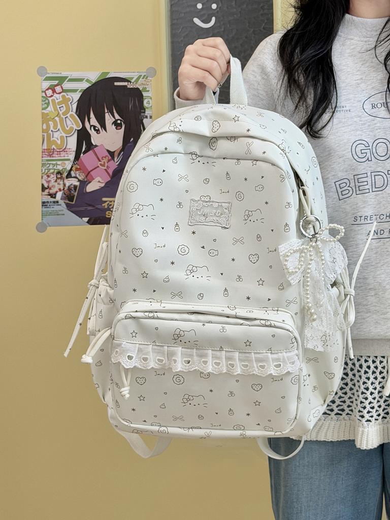2 sizes of lace women's backpacks with beaded pendants Ins Cute Cartoon Printed school bags Sweet ladies travel mini backpack