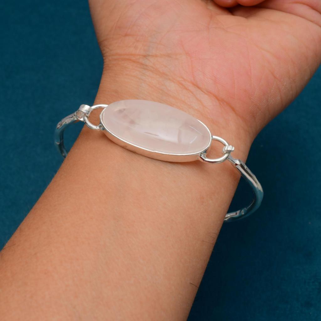 Rose Quartz Gemstone : 925 Sterling Silver Handmade Gemstone Bracelet Jewelry