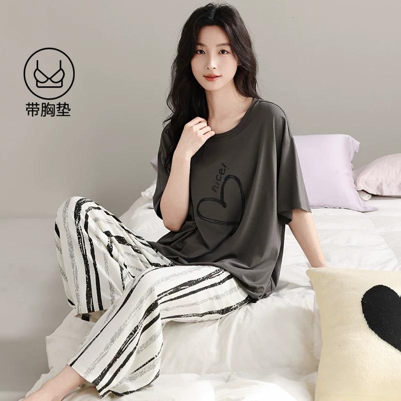 Pajamas Women's 1011 New Summer Lyocell Tencel Cotton Short-sleeved Trousers Korean Fashion Loungewear with Chest Pads