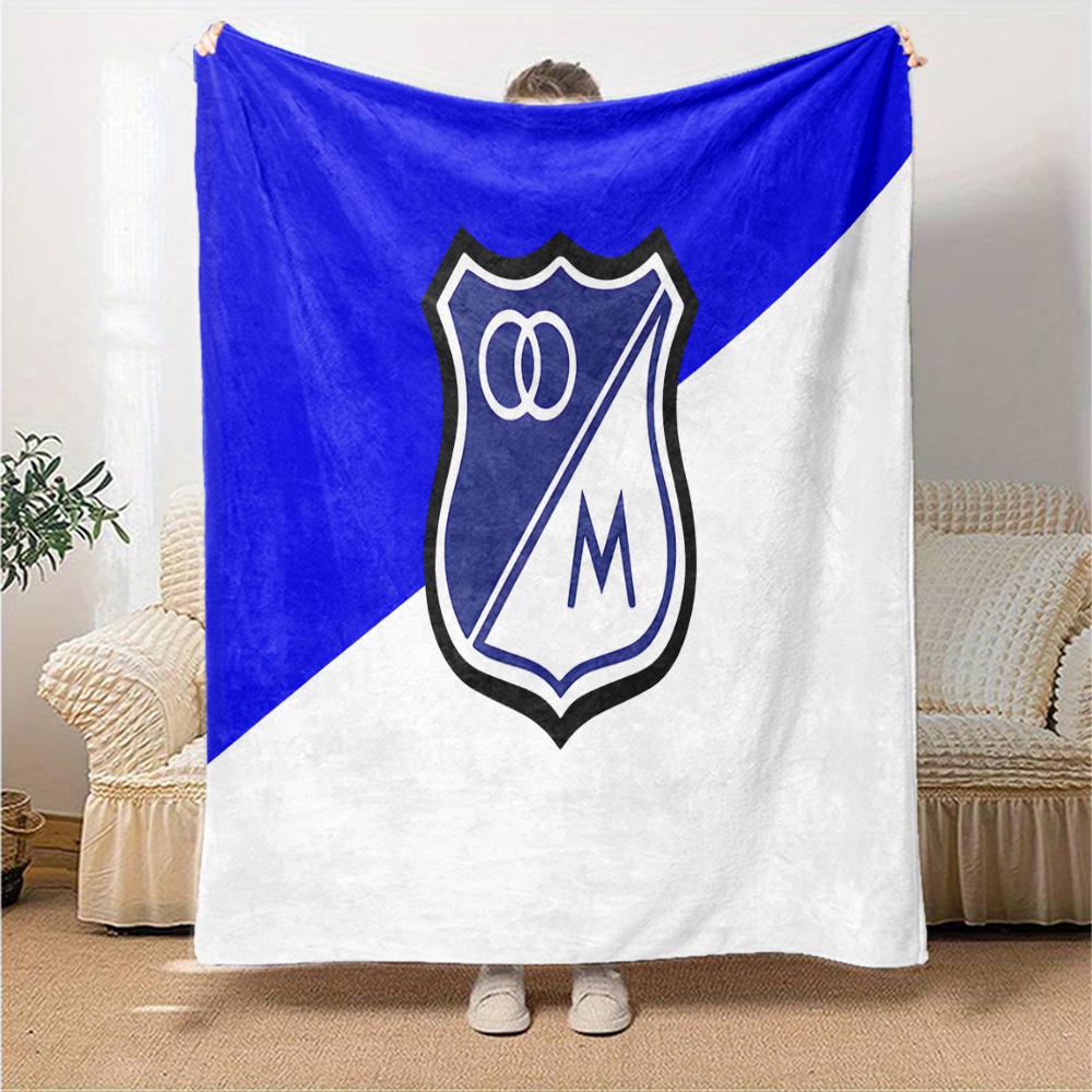 Blue And White Shield Millonarios Flannel Blanket, Soft Polyester, Modern Design, All-Season for Camping, Travel, Gifts for holidays or birthdays