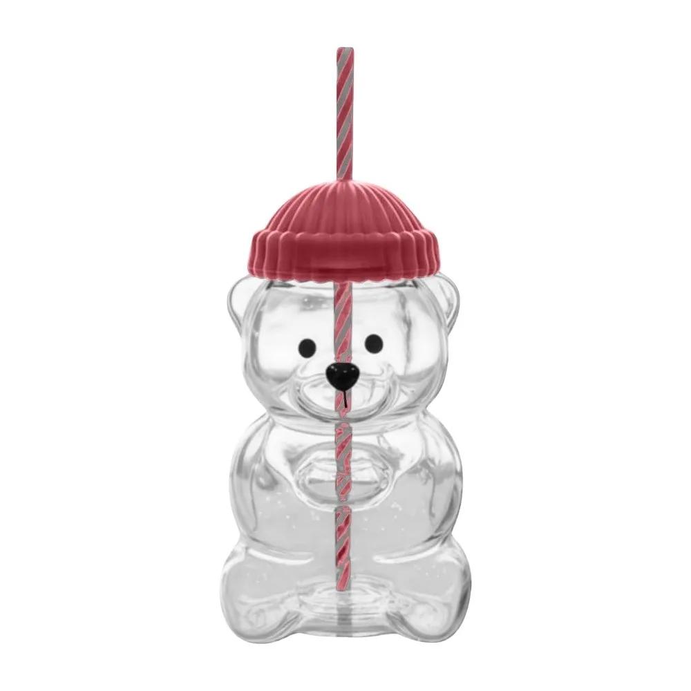 Cute 2025 Bear Plastic Cup with Lid Large Capacity Glass Cup with Straw Transparent Teddy Bear Plastic Cup Parties