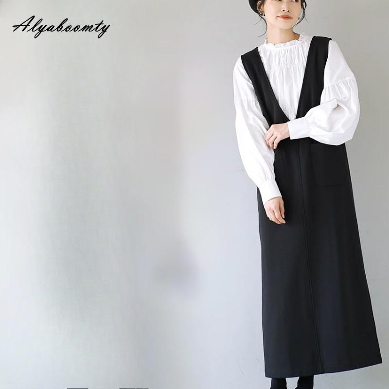 Korean Fashion Spring Autumn Women Midi Sundress Brief V Neck Beige Gray Black Woolen Tank Dress Sleeveless Wool Basic Ladies' Dresses