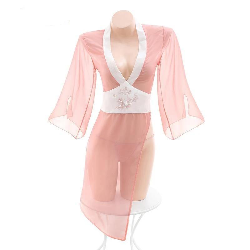 Women Sexy Lingerie Hanfu Dress Cosplay Costume Deep V Erotic See-through Pink Chinese Ancient Style Temptation Dresses