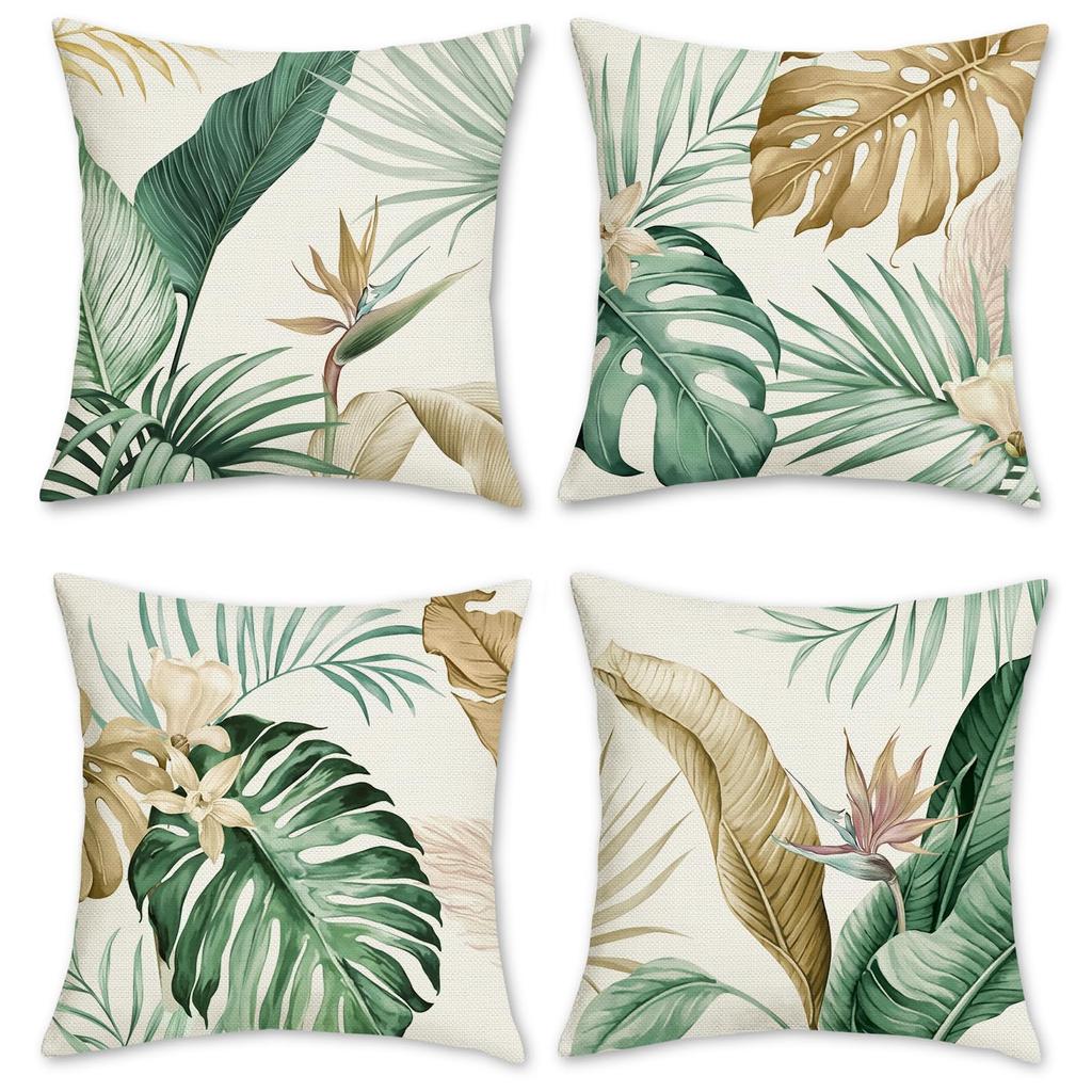 4Pcs Tropical Leaf Cushion Covers, Vibrant Green Monstera & Palm Print Pillow Cases For Sofa Bedroom Living Room 45X45Cm