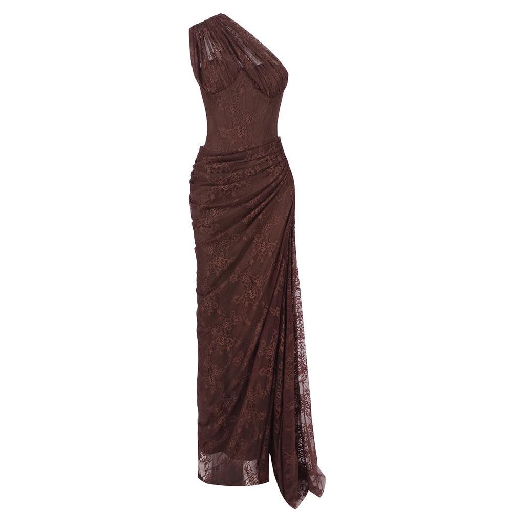 Wine Red Lace-up Deep V Back Fishtail Dress for Women XL кофейный