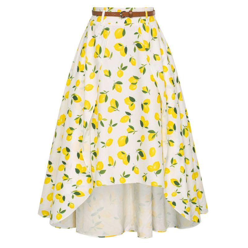 

Новая весенне-осенняя женская одежда Модный стиль Лимонный принт Юбка средней длины асимметричного кроя С контролем талии Большой подол А-силуэт Юбка с высокой талией Yellow 2XL