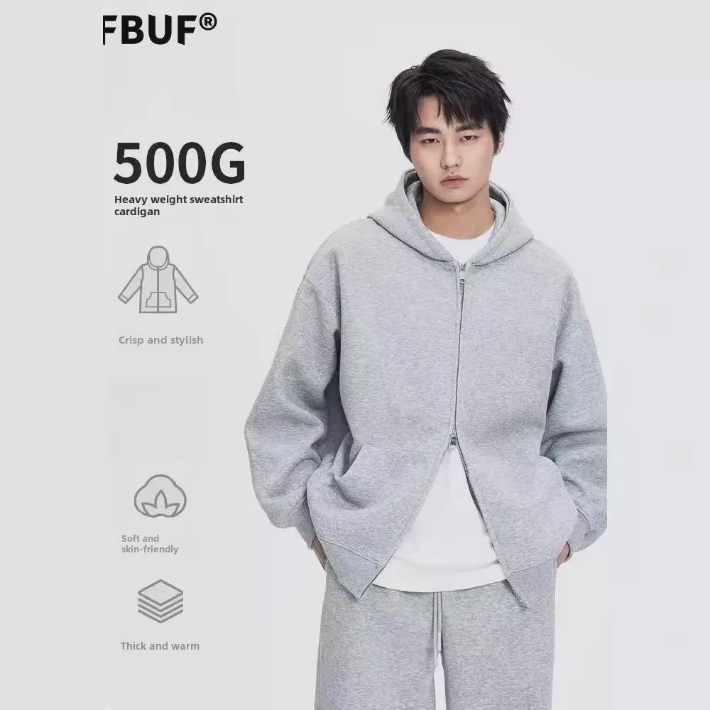 Heavyweight 500g Oversized Men's Retro Hooded Jacket with Double Zippers, Anti-Wrinkle Design