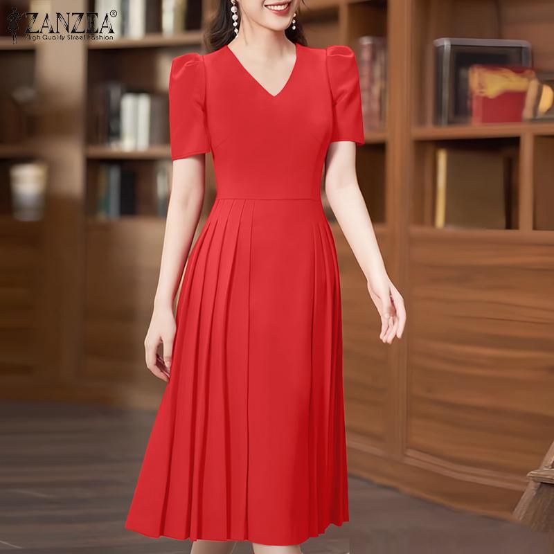 

ZANZEA Women Casual V-Neck Solid Color Summer Short Sleeve Long Dress 5XL чорний
