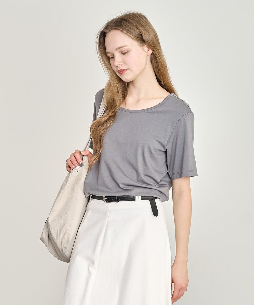 BASIC HOUSE Women'S U-Neck Oversized Stretch Short Sleeve T-Shirt Dark Gray Lats0210
