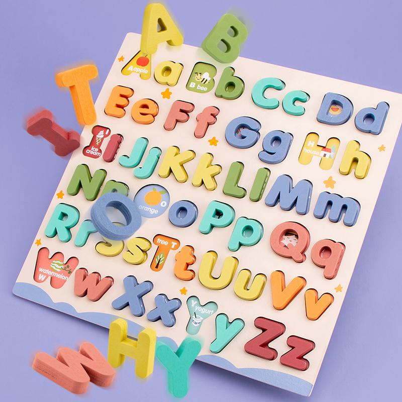 Dřevěné Vzdělávací Abc Puzzle Velká a Malá Písmena pro Dárky k Narozeninám Chlapci Dívky Rodinná Hra Děti Předškoláci