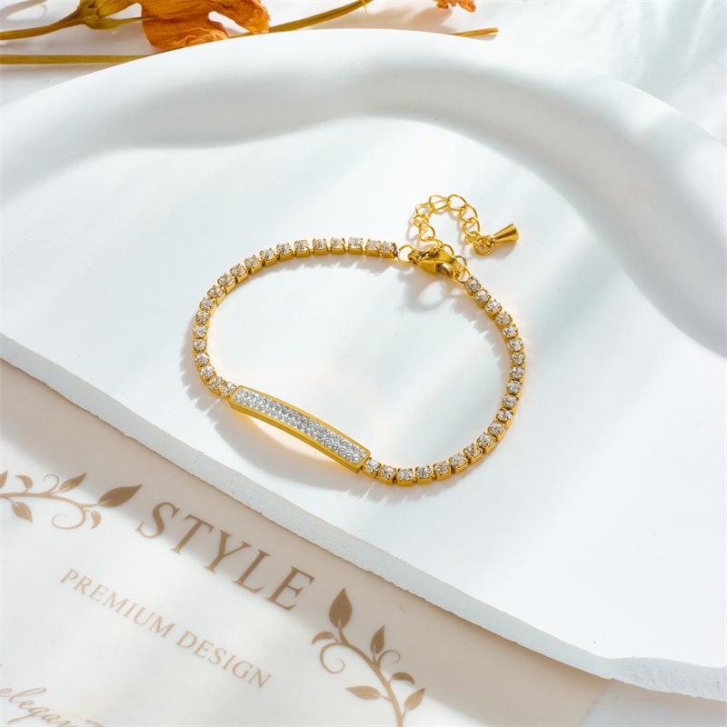 Gold Plated CZ Tennis Bracelet with Bar Charm, Dainty Cubic Zirconia Link Chain Bracelet, Elegant Jewelry for Women Gift