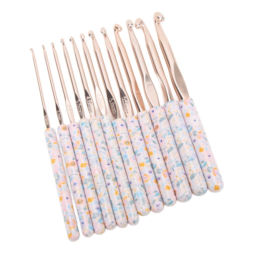 Crochet Needles Set Aluminium 12 Sizes Elegant Ergonomic Plastic Blue Flower Stamped Handle Crochet
