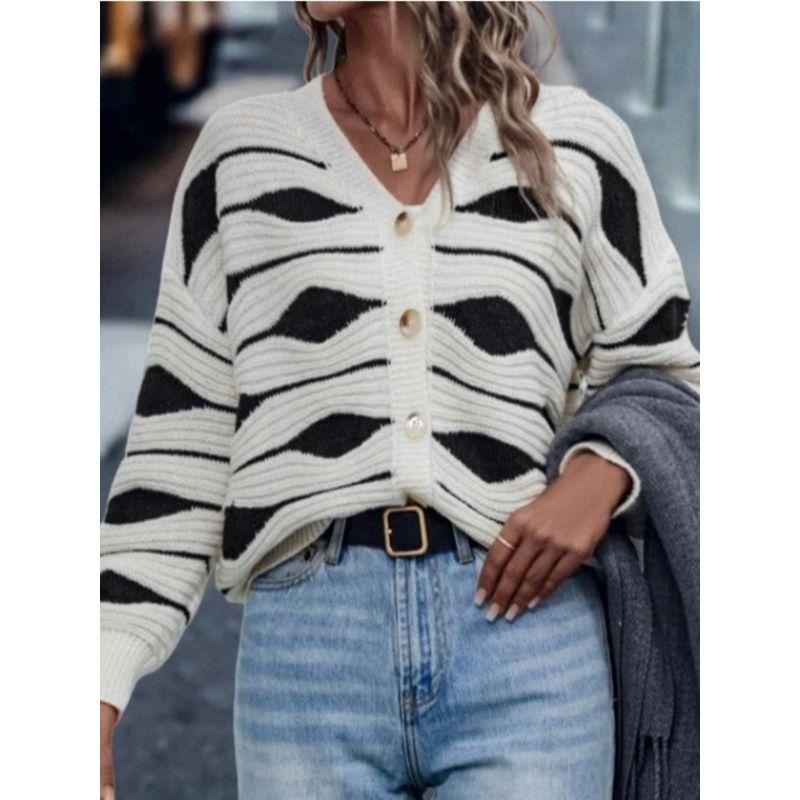 Autumn and Winter New European and American Fashion V-neck Single-Breasted Stripe Loose Knit Cardigan Long Sleeve Sweater Outerwear Bottoming Shirt