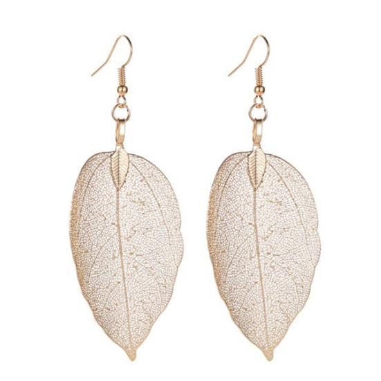 Tree Leaf Shape Alloy Hollow Bright Dangle Hook Earrings Fashion Jewelry for Wedding
