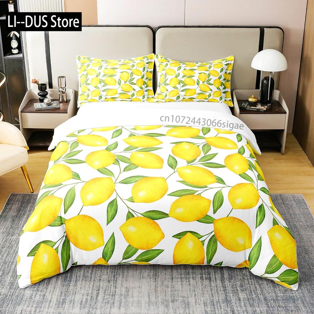 Nature Bedspread Lemon Tree Branches Gardening Design Decorative Quilted 3 Piece Coverlet Set with 2 Pillow Shams Full Size
