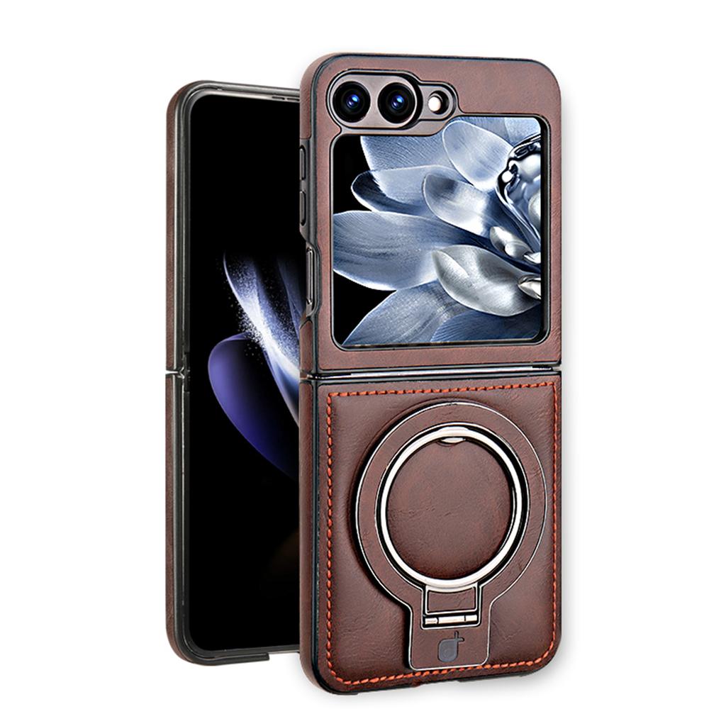 Luxury Leather Phone Case For Samsung Galaxy Z Flip 7 6 5 4 3 5G Magnetic Cover Ring Metal Bracket Shockproof Kickstand Cover