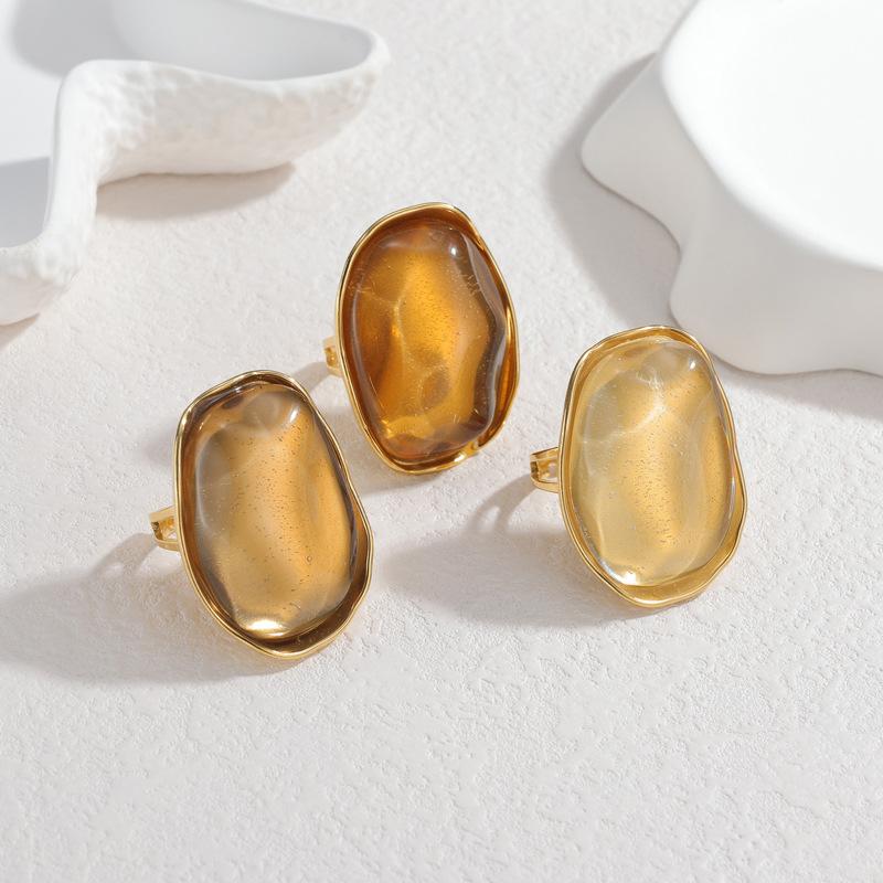 DIEYURO 316L Stainless Steel Irregular Brown Resin Oval Maillard Opening Ring Women Fashion New Concise Waterproof Ring Jewelry