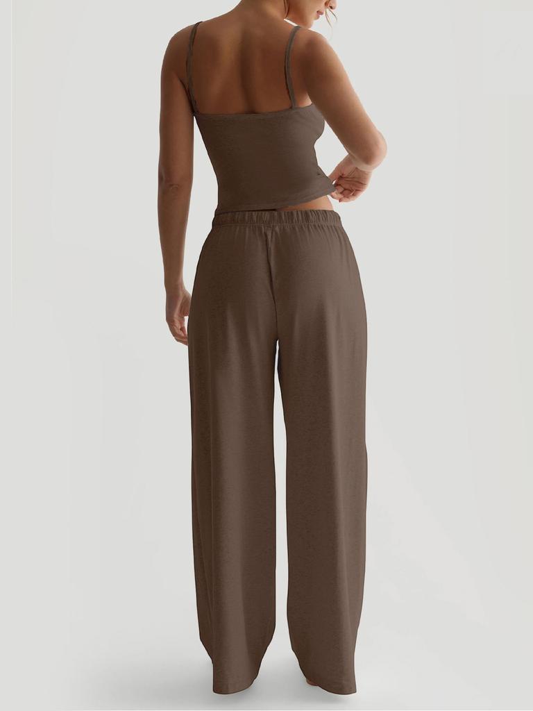 Summer Camisole Crop Top Long Pants Casual Wide Leg Pants Lazy Style Set For Women