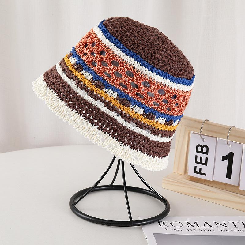 Summer Hollow Bucket Hat Colorful Stripe Sun Hat  Japanese Colorblock Bohimian Fisherman Hat Travel Beach Panama Cap Mom Gift