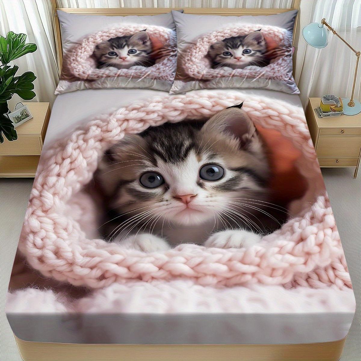 

3Pcs Cute Cat Bedding Set, Soft Fitted Sheet With 2 Pillowcases, Cozy Animal Lover Gift For Women, Twin&Full&Queen Size EU Twin(135x200cm)