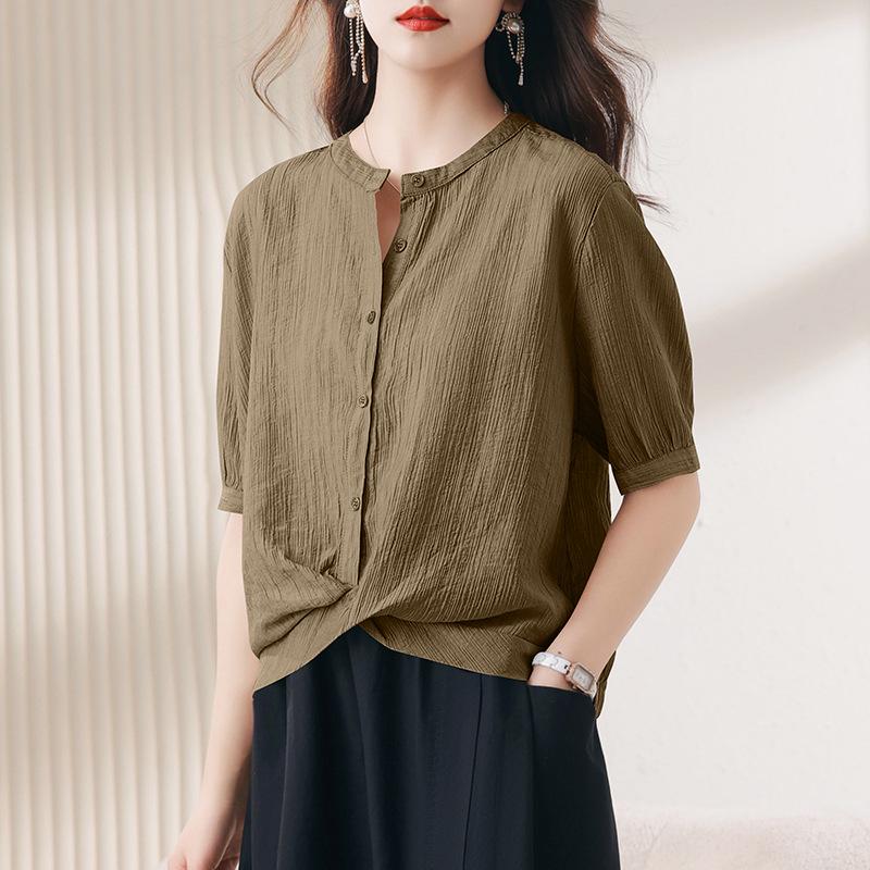 

Женский пуловер с коротким рукавом и воротником-стойкой из тенселя - Летний свободный крой, Большой размер, Молодежный стиль XL армия зеленый